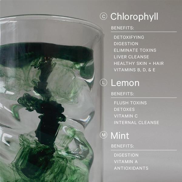 A clean, minimalist 1:1 image demonstrating the natural infusion of Chlorophyll, Lemon, and Mint into a glass of water, paired with a bulleted benefit list.